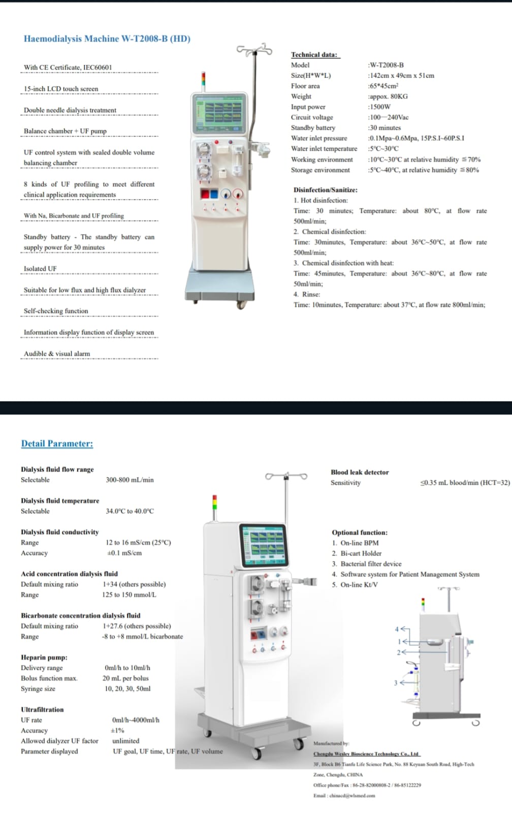 Wesley W‑T2008‑B Hemodialysis Machine (BRAND NEW)