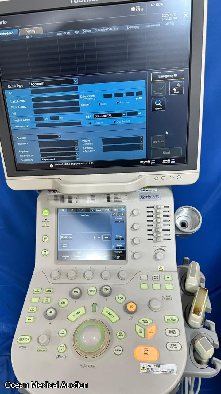 Toshiba Xario 200 with convex, linear and cardiac probe