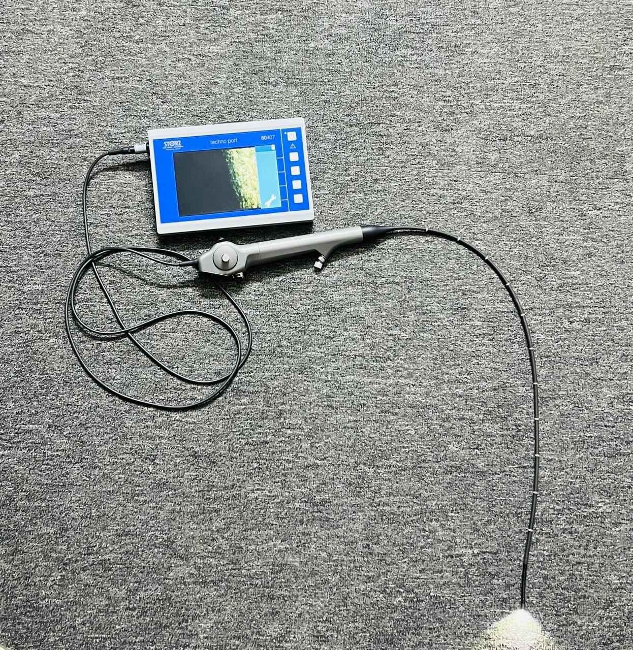 KARL STORZ TECHNO PORT 80407 portable video inspection/endoscopy system with a KARL STORZ C-MAC 8403 ZX monitor and flexible video endoscopes.