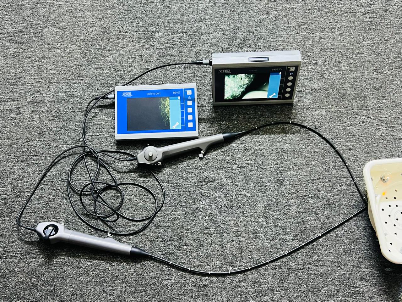 KARL STORZ TECHNO PORT 80407 portable video inspection/endoscopy system with a KARL STORZ C-MAC 8403 ZX monitor and flexible video endoscopes.
