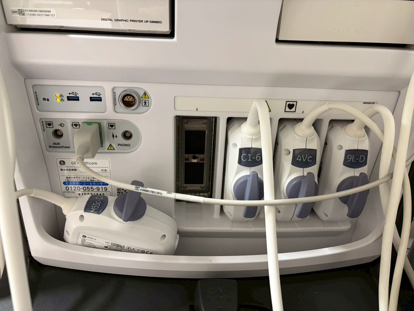 GE Vivid E95 Ultra Edition V206 Ultrasound with sector probe, 4D probe, linear probe and convex probe.
