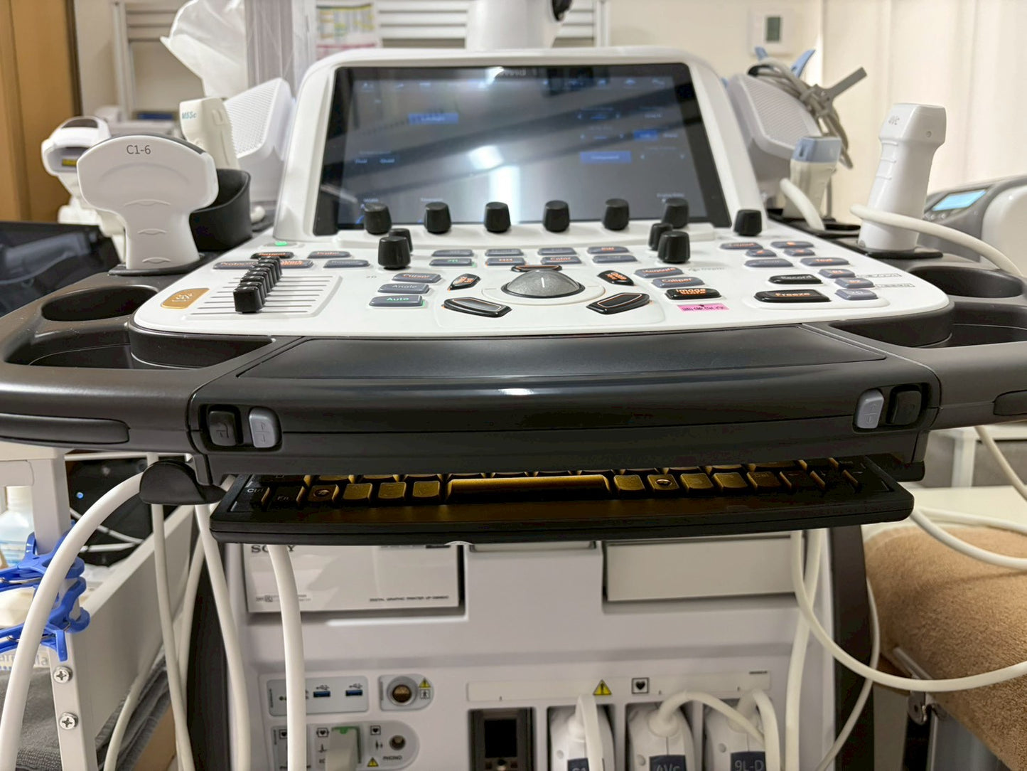 GE Vivid E95 Ultra Edition V206 Ultrasound with sector probe, 4D probe, linear probe and convex probe.