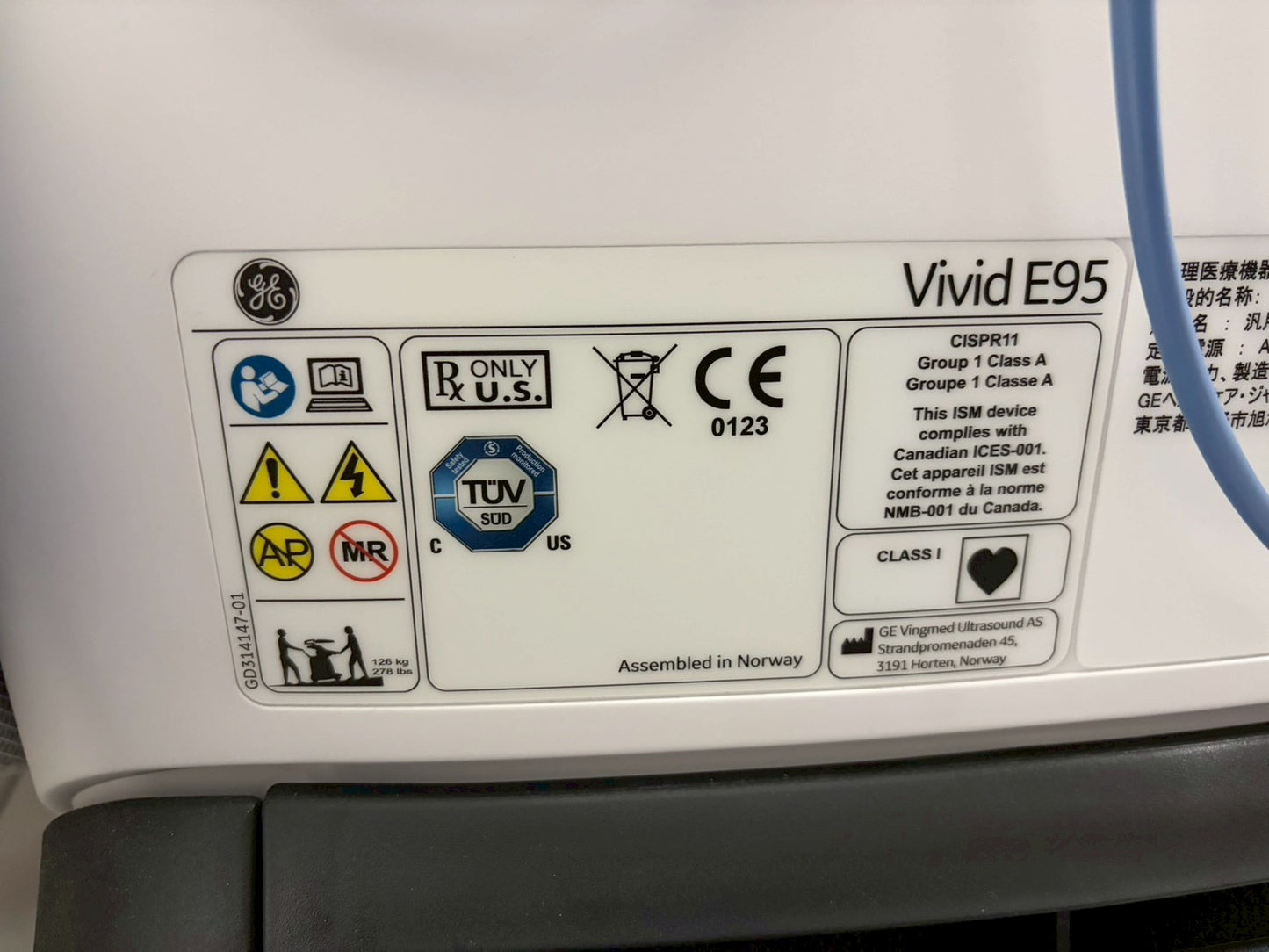 GE Vivid E95 Ultra Edition V206 Ultrasound with sector probe, 4D probe, linear probe and convex probe.